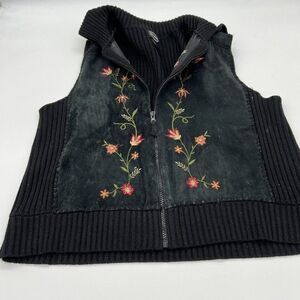 VTG Studio Womans Leather Black Floral Flower Zip Up Rodeo Cowboy Vest large